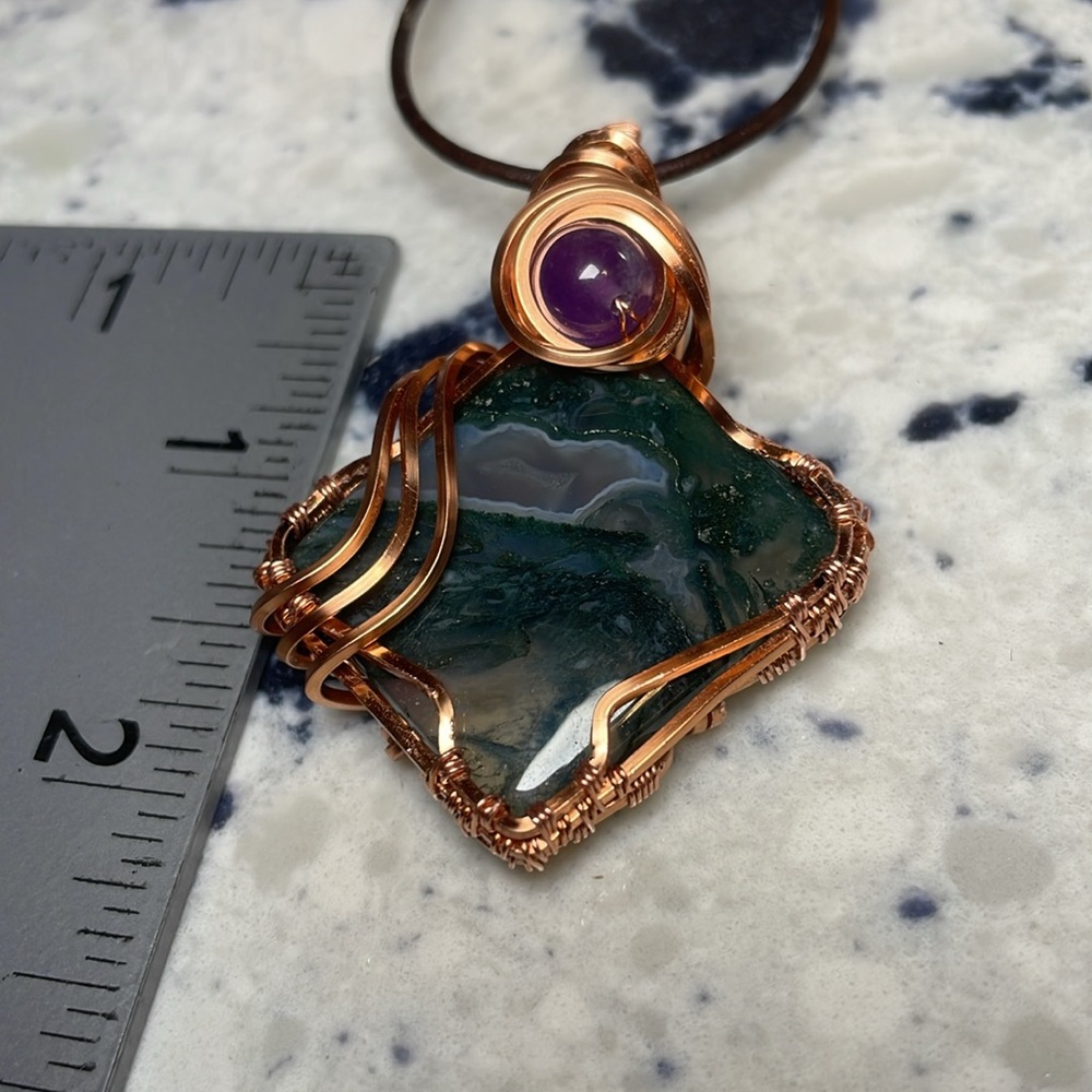 Moss Agate Crystal Pendant With Amethyst Leather Cord Artisan Boho - Picture 13 of 15
